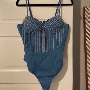 Denim Rhinestone Fringe Bodysuit